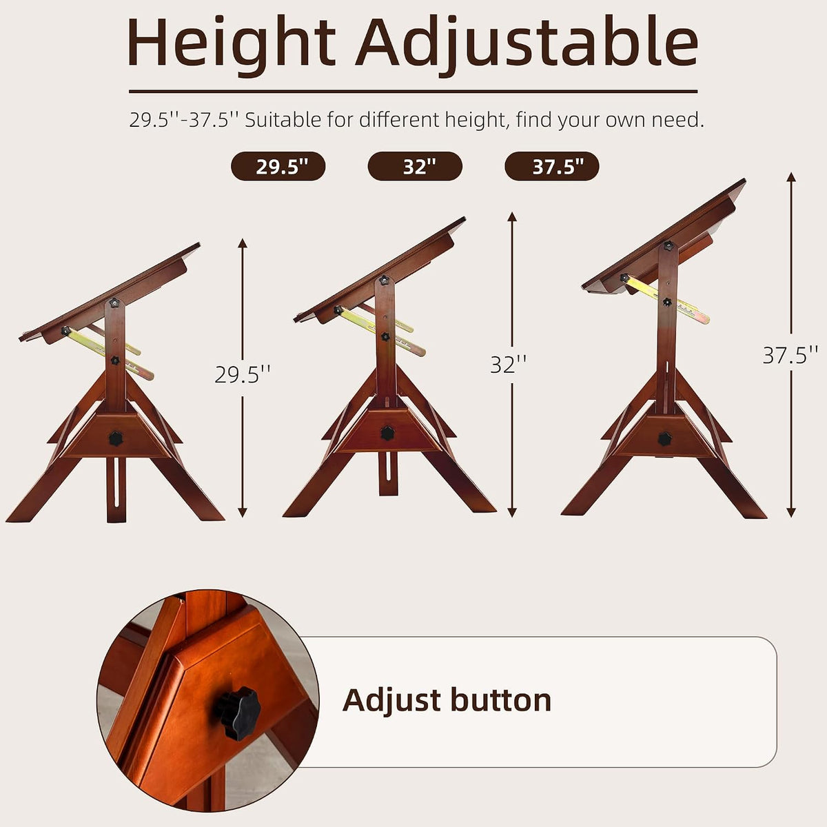 Walnut Solid Wood Adjustable Drafting Table, Art Drawing Desk