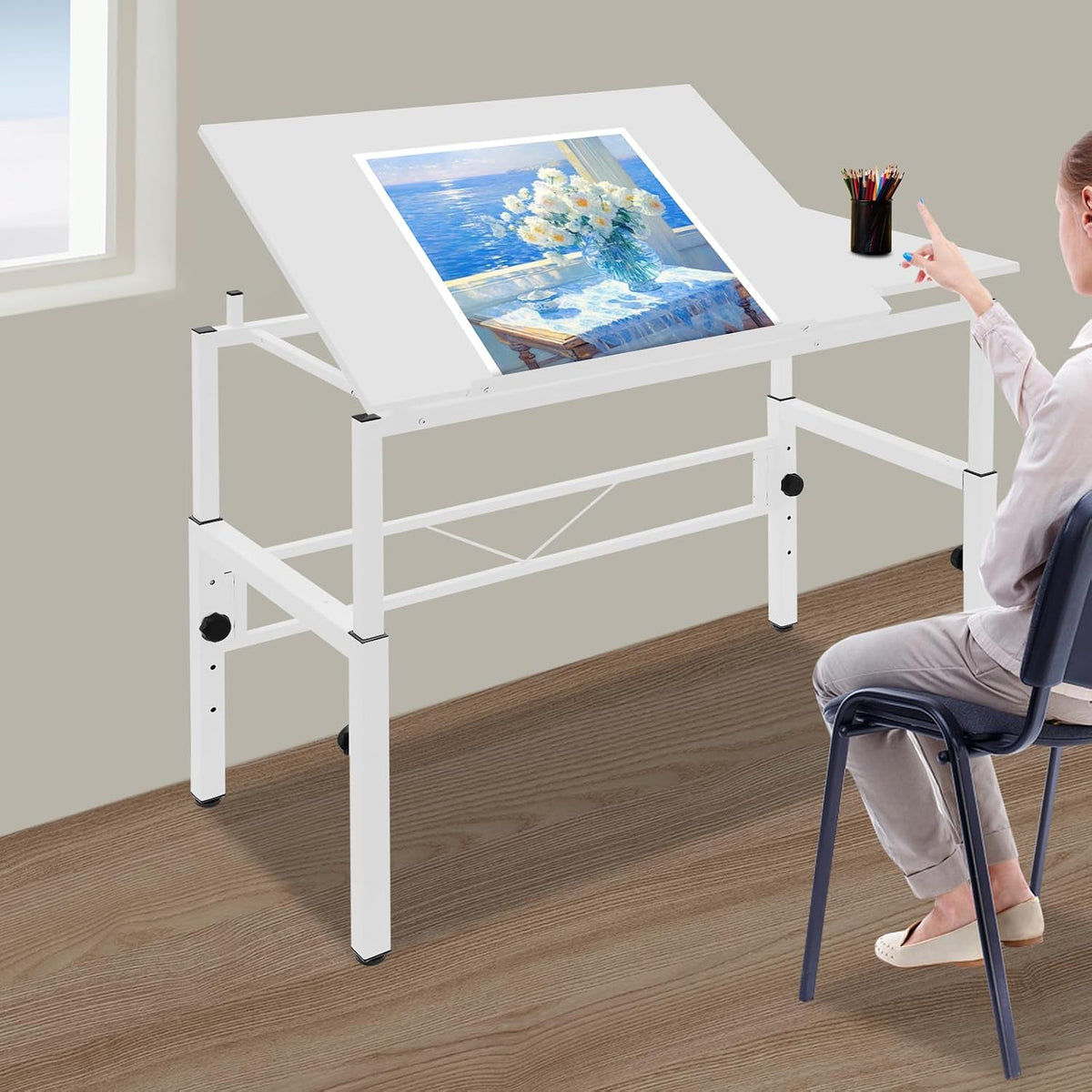 YIYIBYUS 0-30 Â° Tiltable Tabletop Drawing Desk, Floorstanding Drawing Table White Art Desk Artist Drafting Table Office Table Architectural Drawing Desk Computer Desk Craft Desk Hobby Table