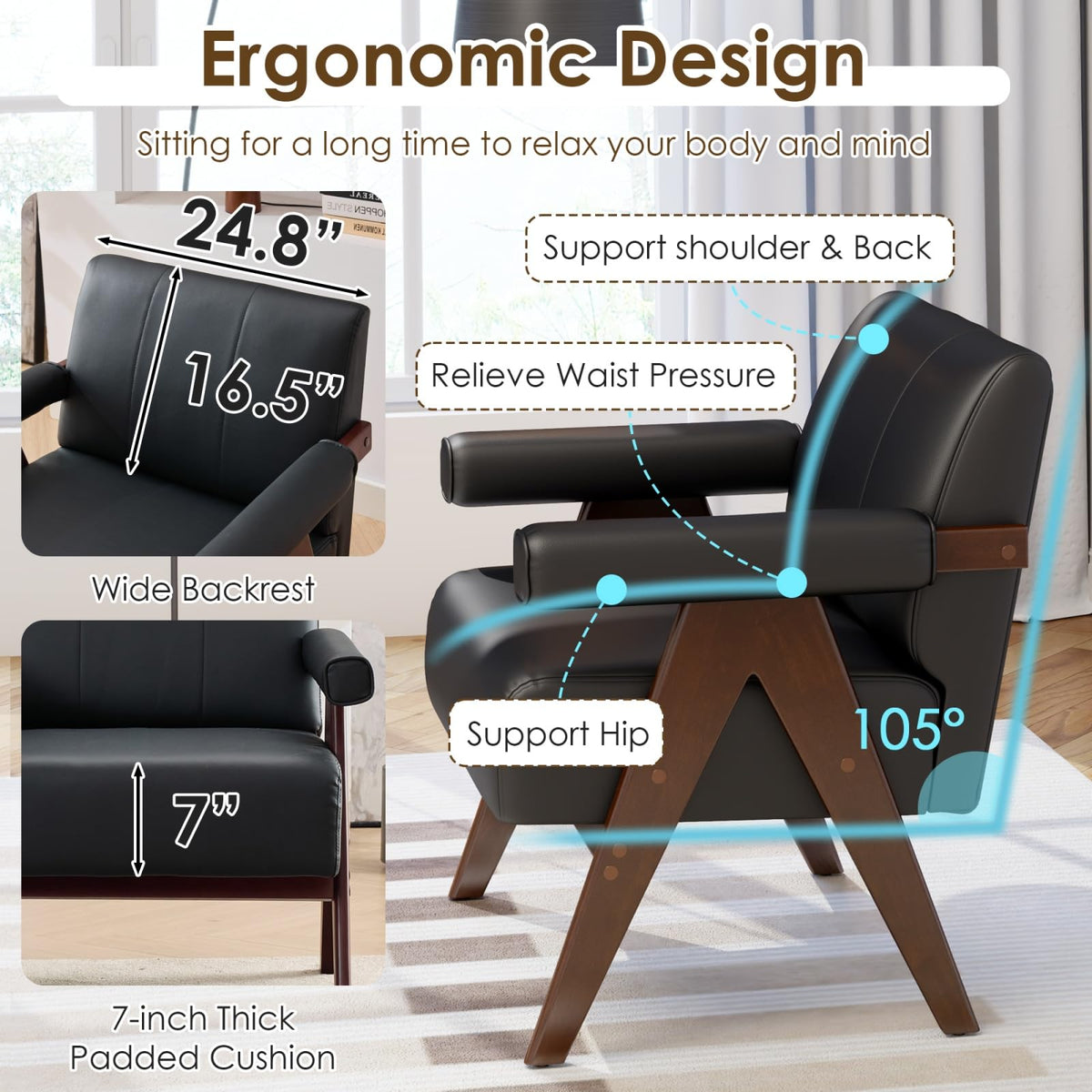 STHOUYN Faux Leather Accent Chairs Set of 2, Wooden Arm Chairs (Black)
