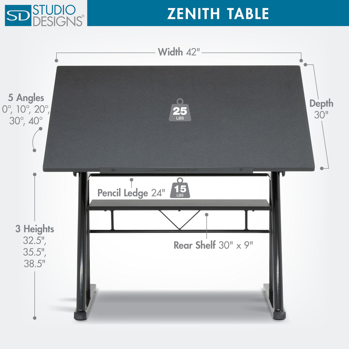 Studio Designs Zenith Drafting Light Table with Built-in ArtographÂ® LED Light Pad, Adjustable Height & Angle Glass Drafting Desk, Modern Artist Workstation for Drawing, Tracing, Drafting & Design