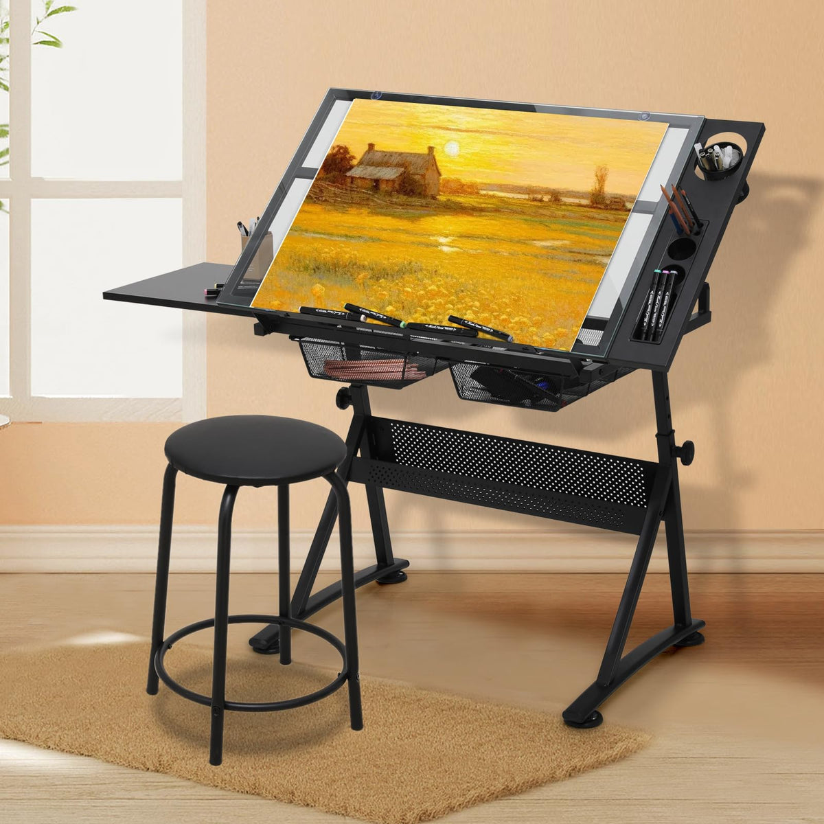 Drafting Table, Clear Glass, Angle Adjustable Top