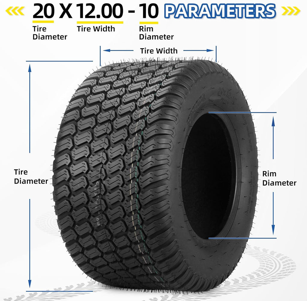 GICOOL 20x12.00-10 Tubeless Lawn Mower Tire for Riding Mower Tractor, 4Ply