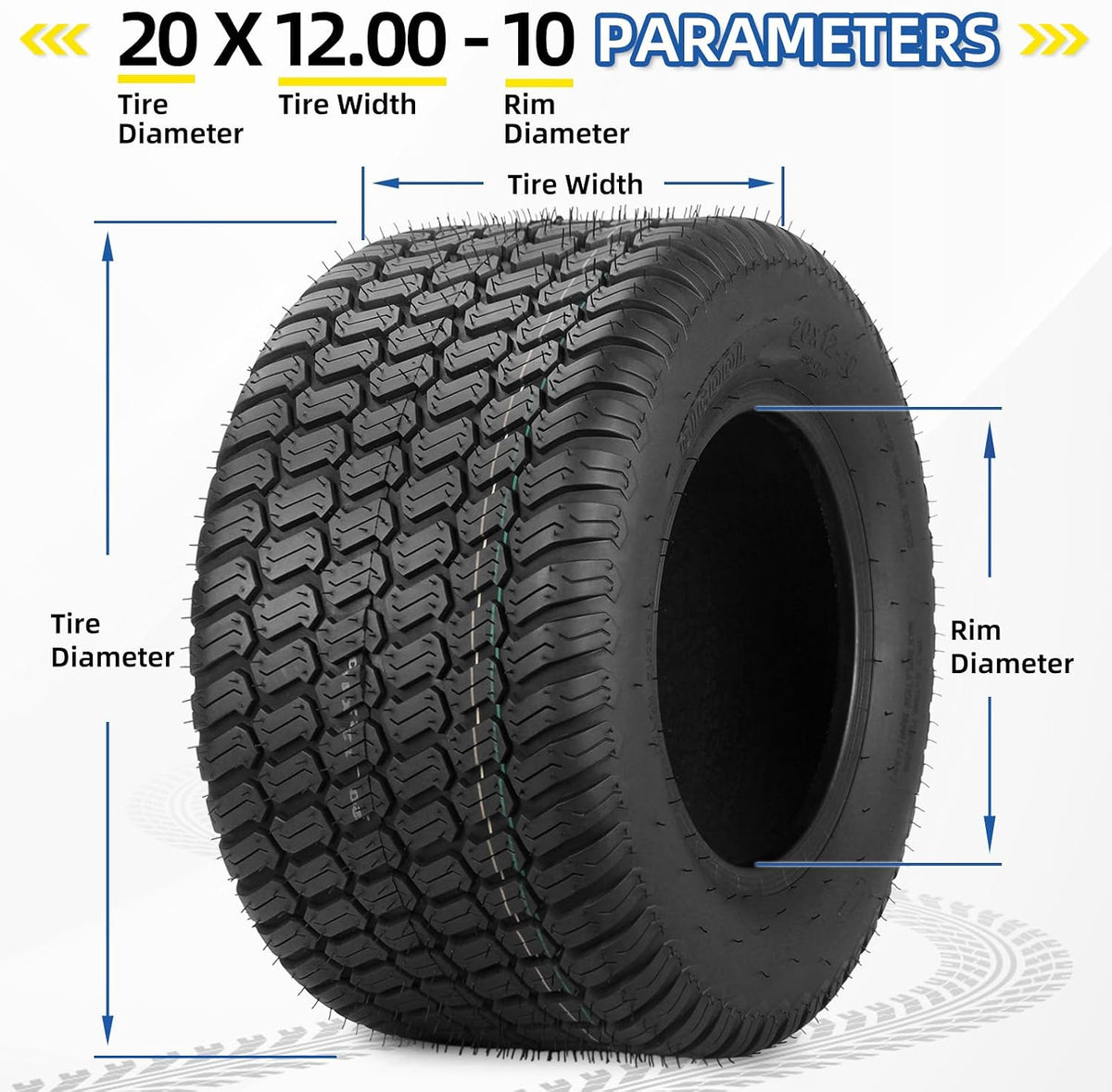 GICOOL 20x12.00-10 Tubeless Lawn Mower Tire for Riding Mower Tractor, 4Ply