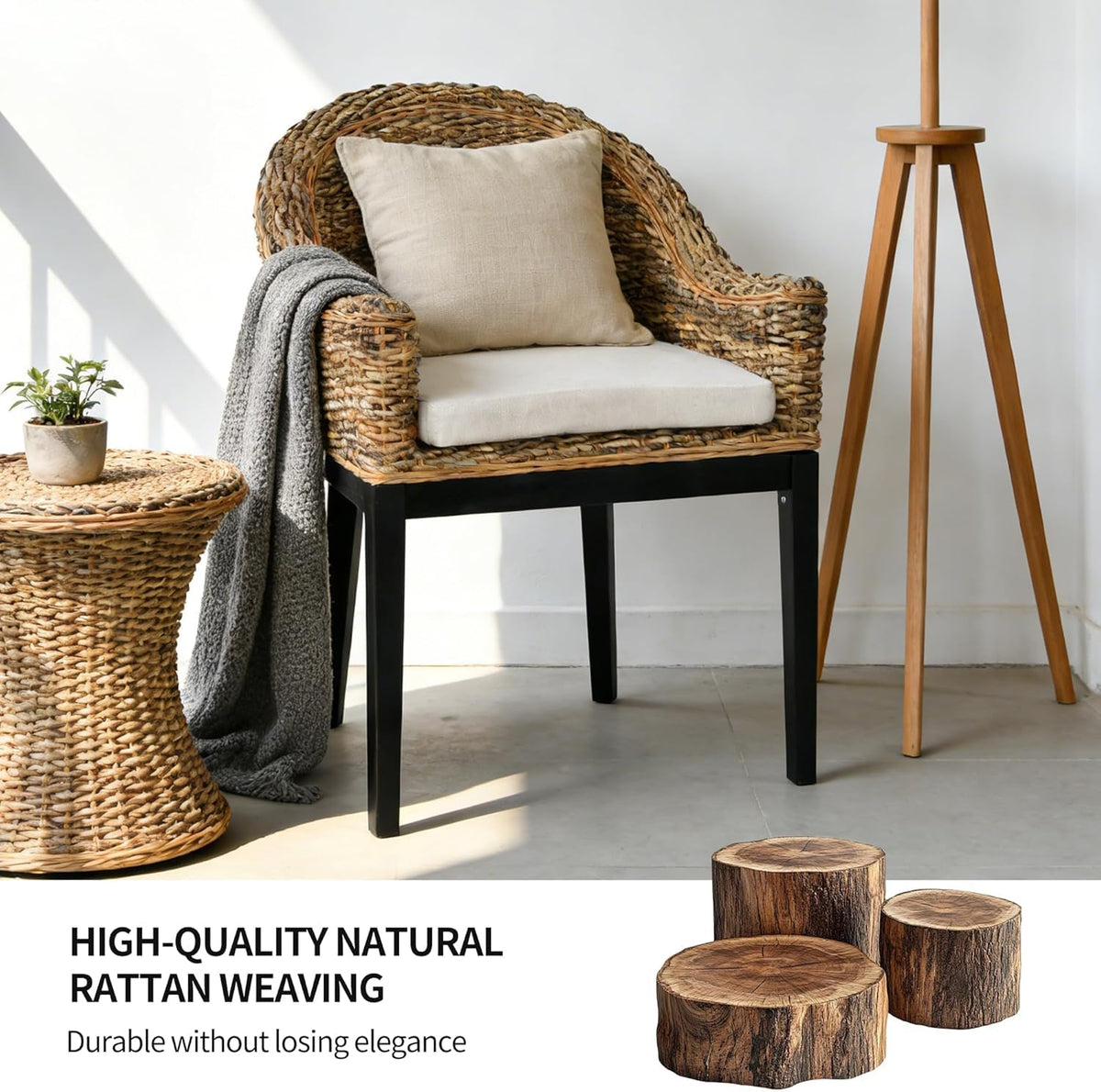 DUHOME 2 Sets Wood Rattan Arm Accent Chairs Natural Wash/White Cushion