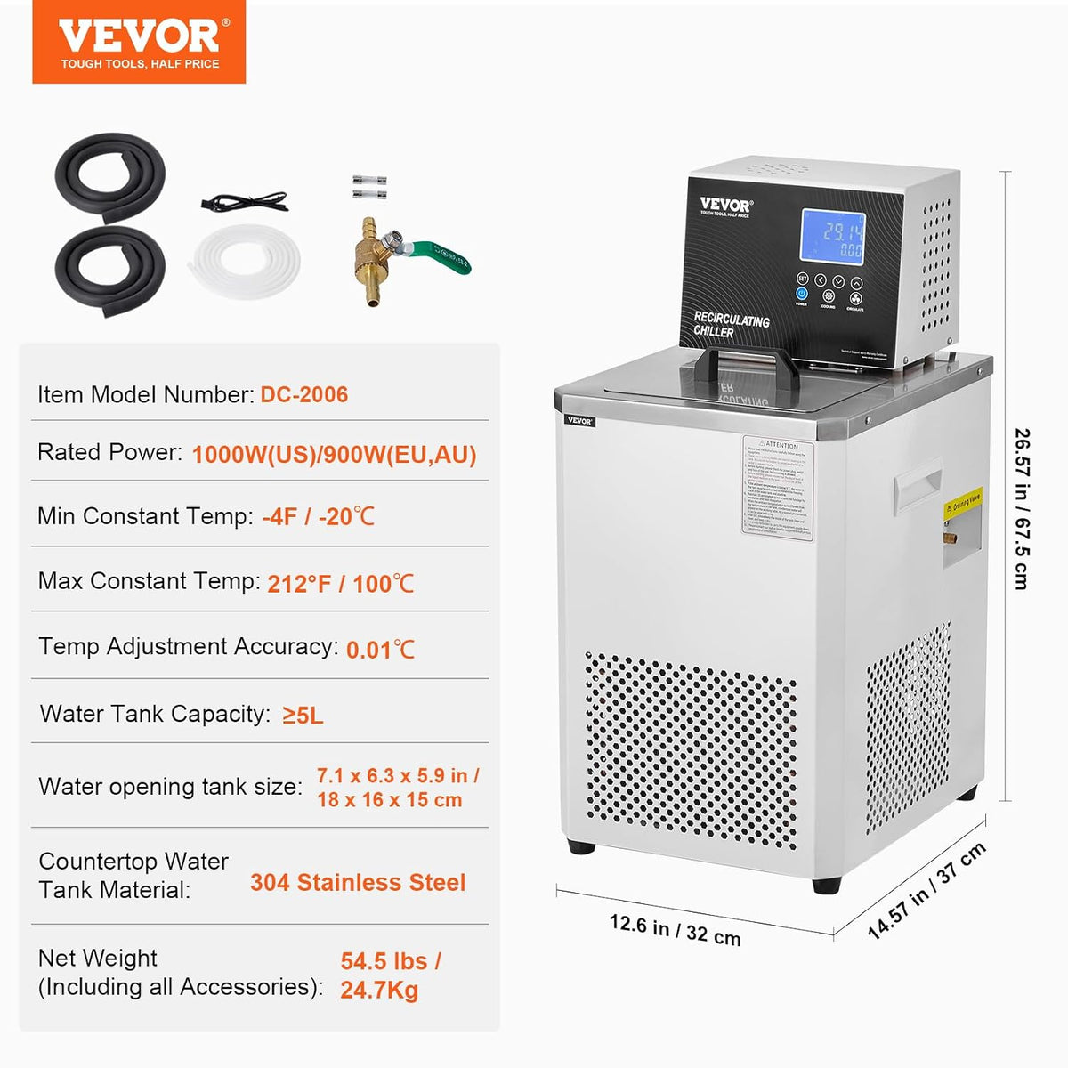 VEVOR Laboratory Chiller Circulator, -20â ~100â Circulator Pump Chiller, 6L Chiller Lab Low Temperature Cooling Liquid, LCD Display, 304 Stainless Steel Water Bath Recirculating Water Cooling