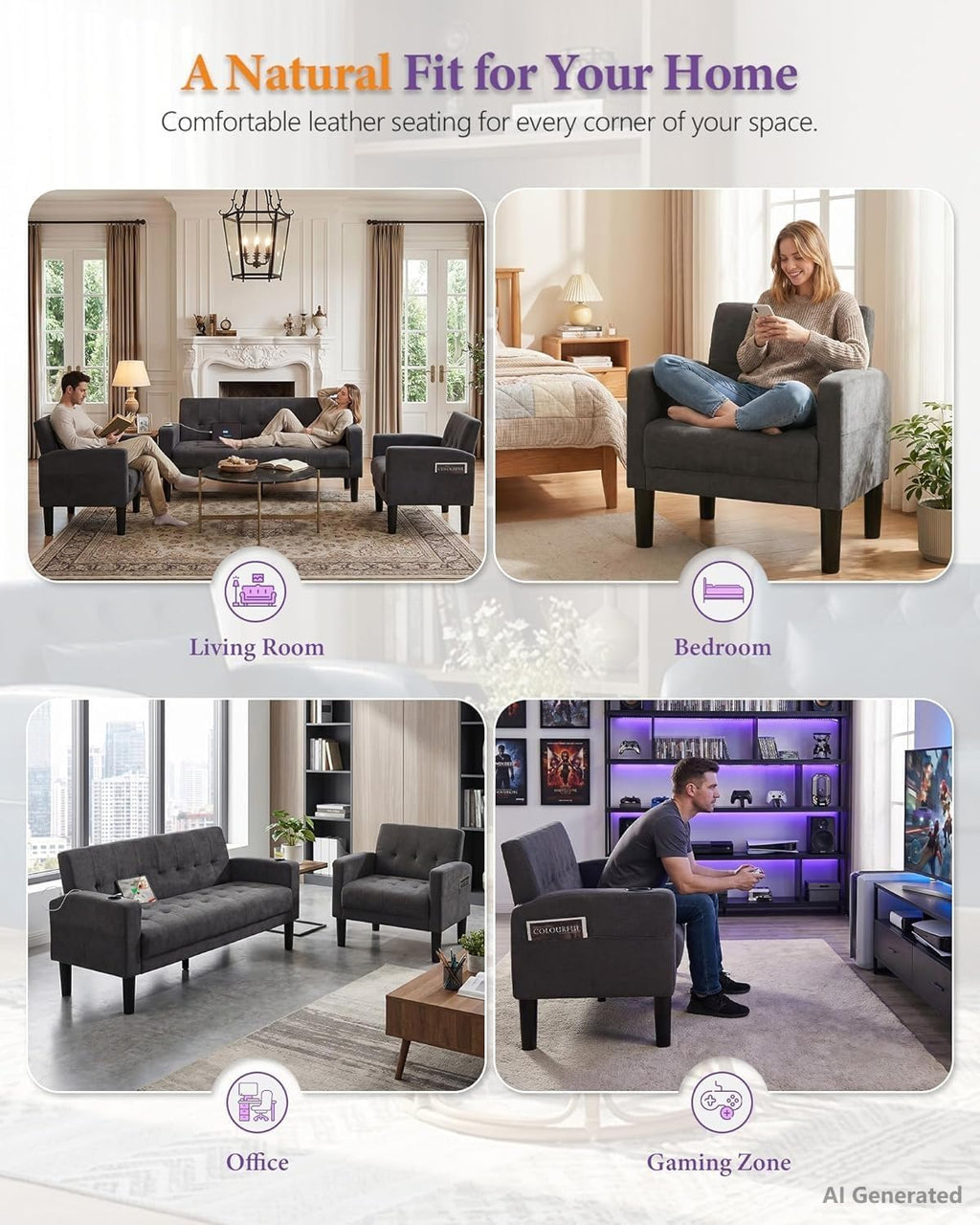 TYBOATLE Living Room Set, PU Leather Couch and Chairs w/USB & Type-C Ports