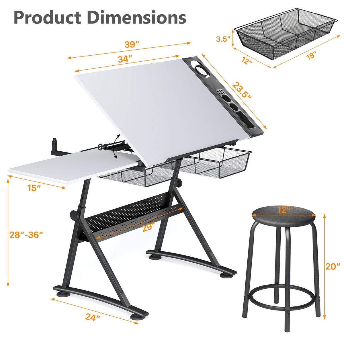 OS MOTOR Adjustable Height Drafting Table with Wood Top, Art Craft Desk with Slide-Out Drawers, Storage, for Drawing, Writing, Painting, and Creative Tasks, Ideal for Home Office, Natural