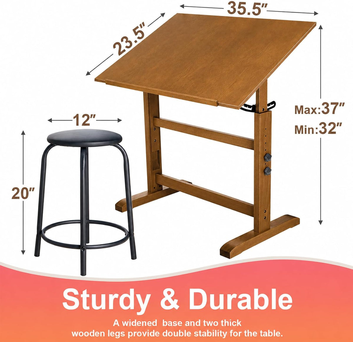 Falling in Art 30" x 42" Wooden Drafting Table and Stool Set, Walnut