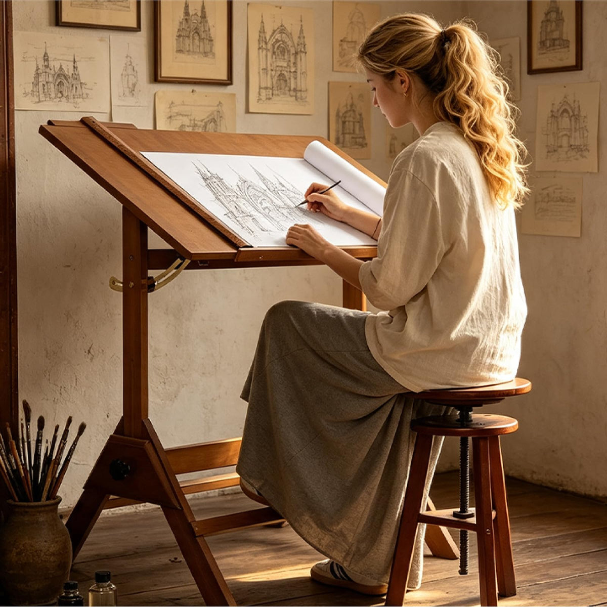 MEEDEN Wood Drafting Table & Stool: 35.5" x 23.5" Art Desk and Stool Set