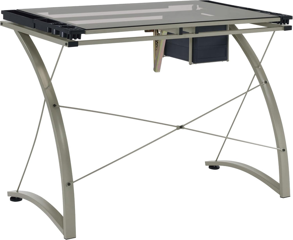 Coaster Home Furnishings - Melo - Metal and Glass - 41-Inch Drafting Table with Adjustable Pitch, Three Drawers, Retractable Pencil Ledge and Storage Compartments - Home Office - Silver - 800986