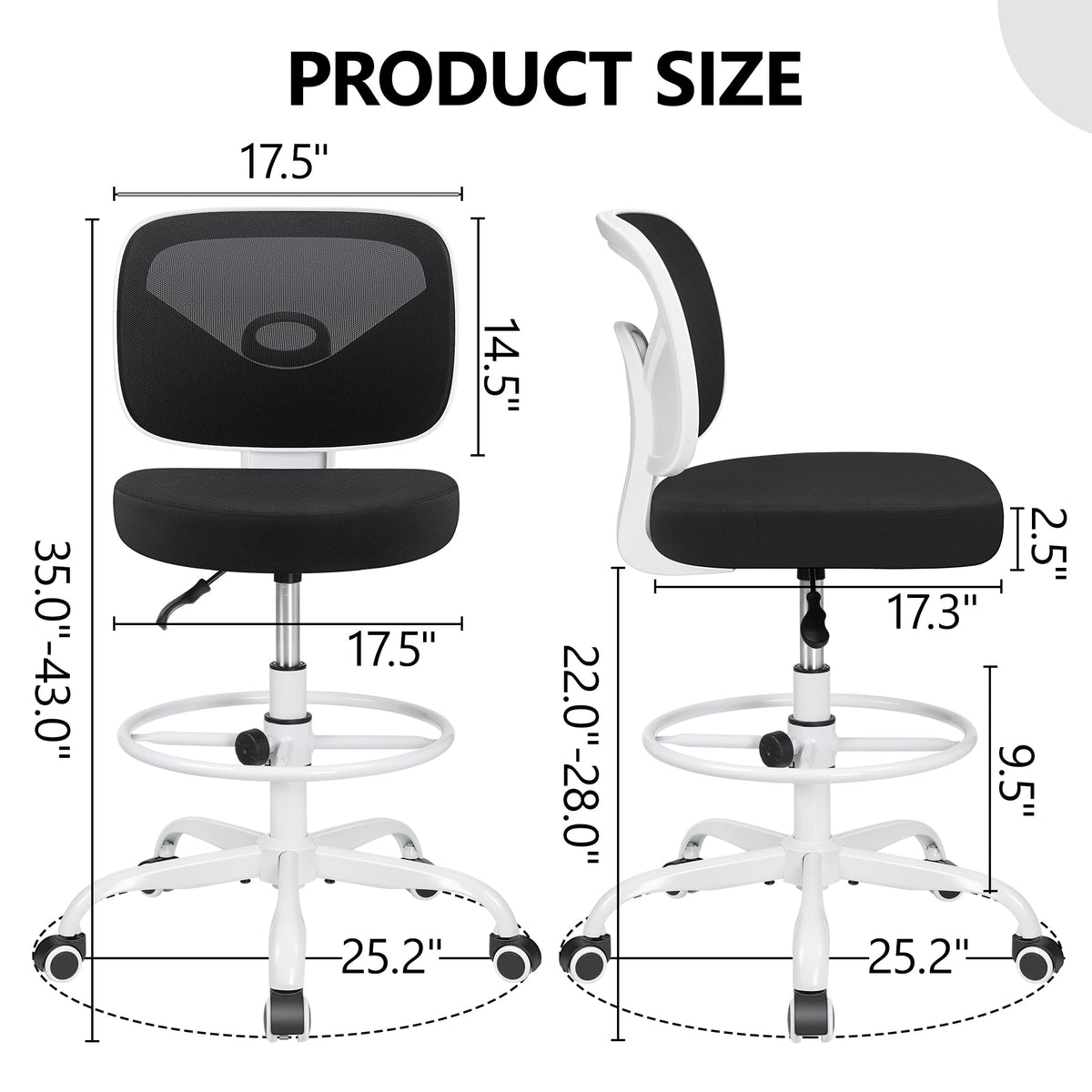 Primy Tall Drafting Desk Chair - Armless, Adjustable Height, Mesh Back, Rolling, Standing Desk Chair for Art Room, Office or Home (Black)