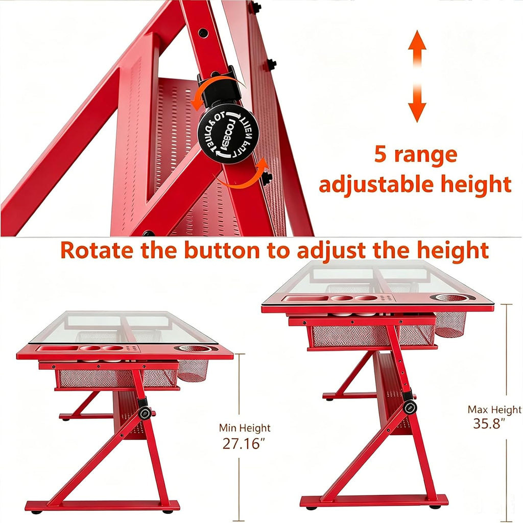 Drafting Table with 2 Metal Storage Drawers & Stool for Adult Teen, Red