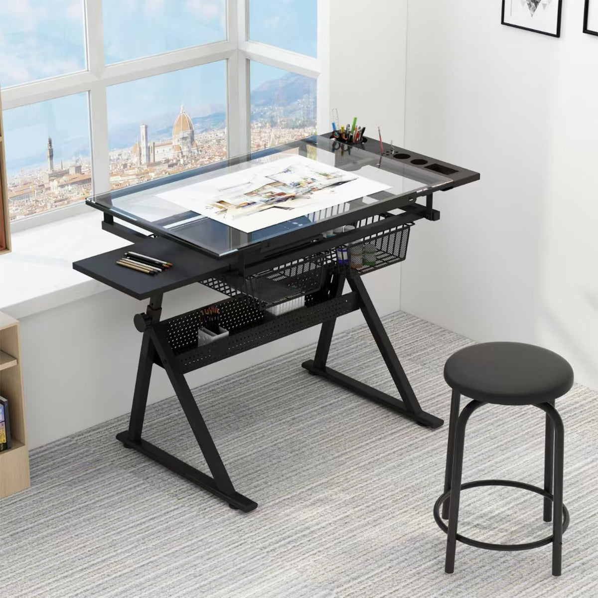 Drafting Table and Stool Set for Adults/Artists, Drawing Table with Adjustable Tabletop and Height, Art Workstation for Painters Crafting Reading Writing Home Office, All White