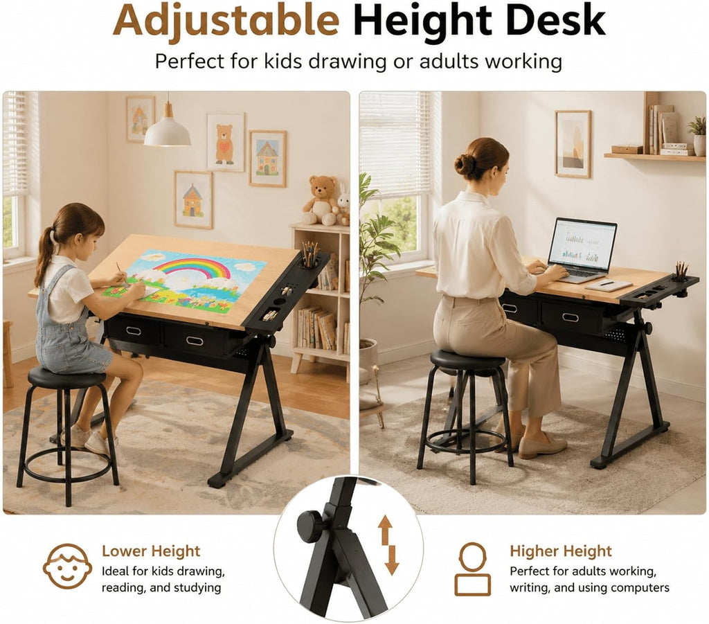 Adjustable Drafting Table with Stool, Tilt-Top Drawing Desk with 2 Drawers