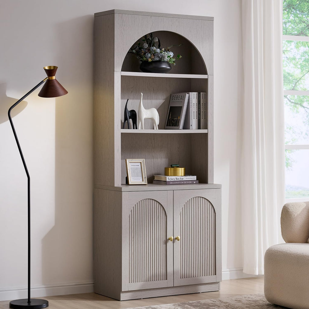 77.6" Tall Arched Bookshelf, Wood Bookcase w/Fluted Arched Door, Light Grey