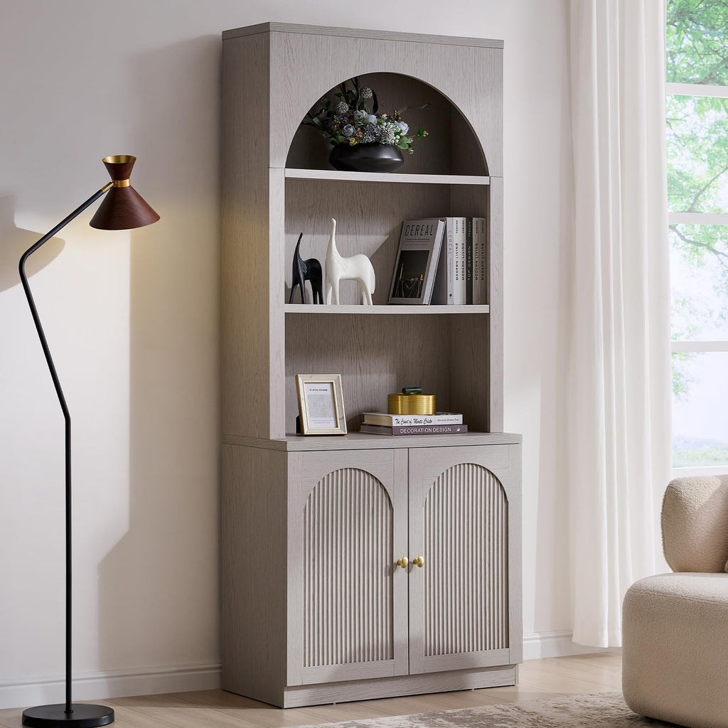 77.6" Tall Arched Bookshelf, Wood Bookcase w/Fluted Arched Door, Light Grey