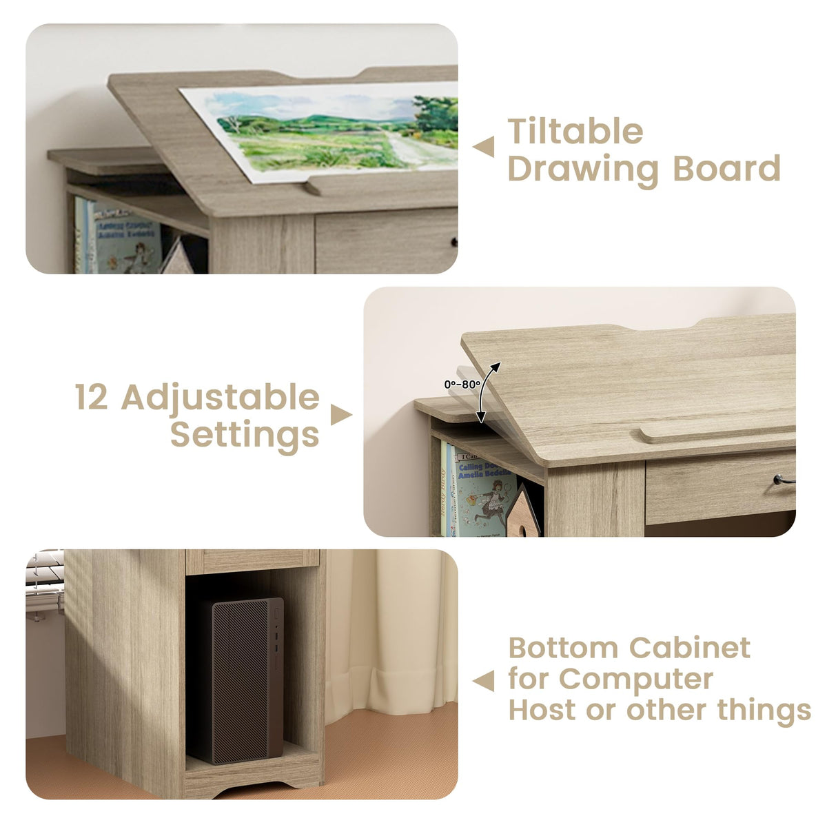 Drafting Table with Storage Cabinet & Drawers, Adjustable Drawing Desk with Open Shelves, Craft Table Painting Desk for Artists, Painters, Drawing, Crafting, Reading, Writing, Working