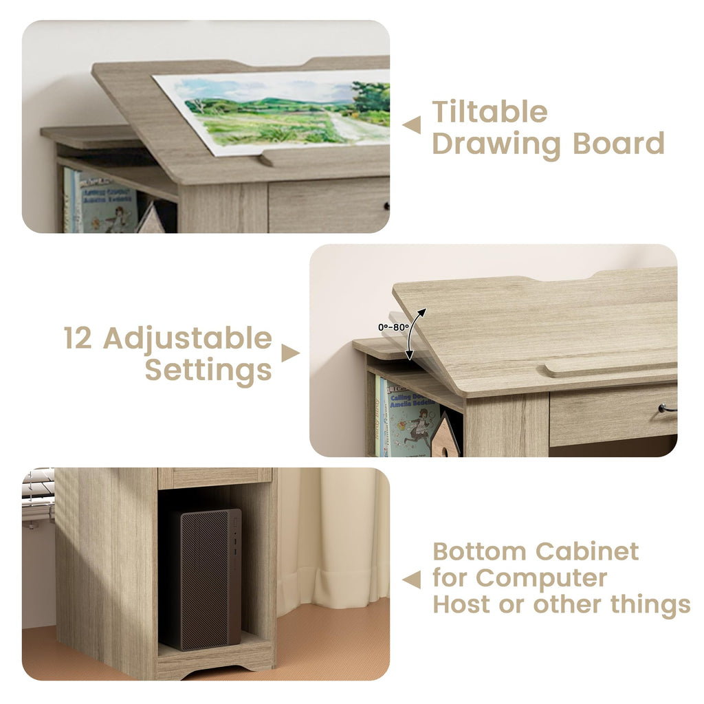 Drafting Table with Storage Cabinet & Drawers, Adjustable Drawing Table with Open Shelves, Craft Art Desk for Artists, Painters, Drawing, Crafting, Reading, Writing, Working