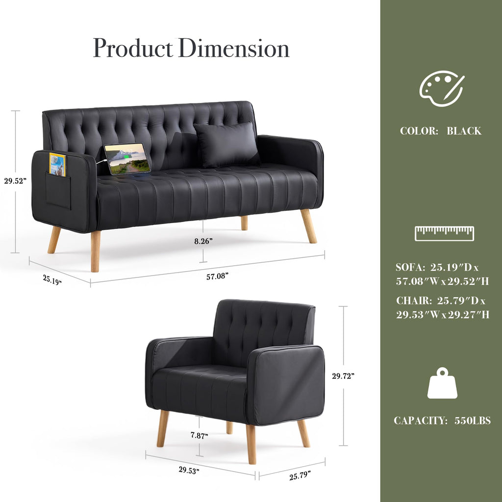 57â Small Faux Leather Loveseat Couch and Accent Chair Set of 2 (3, Black)