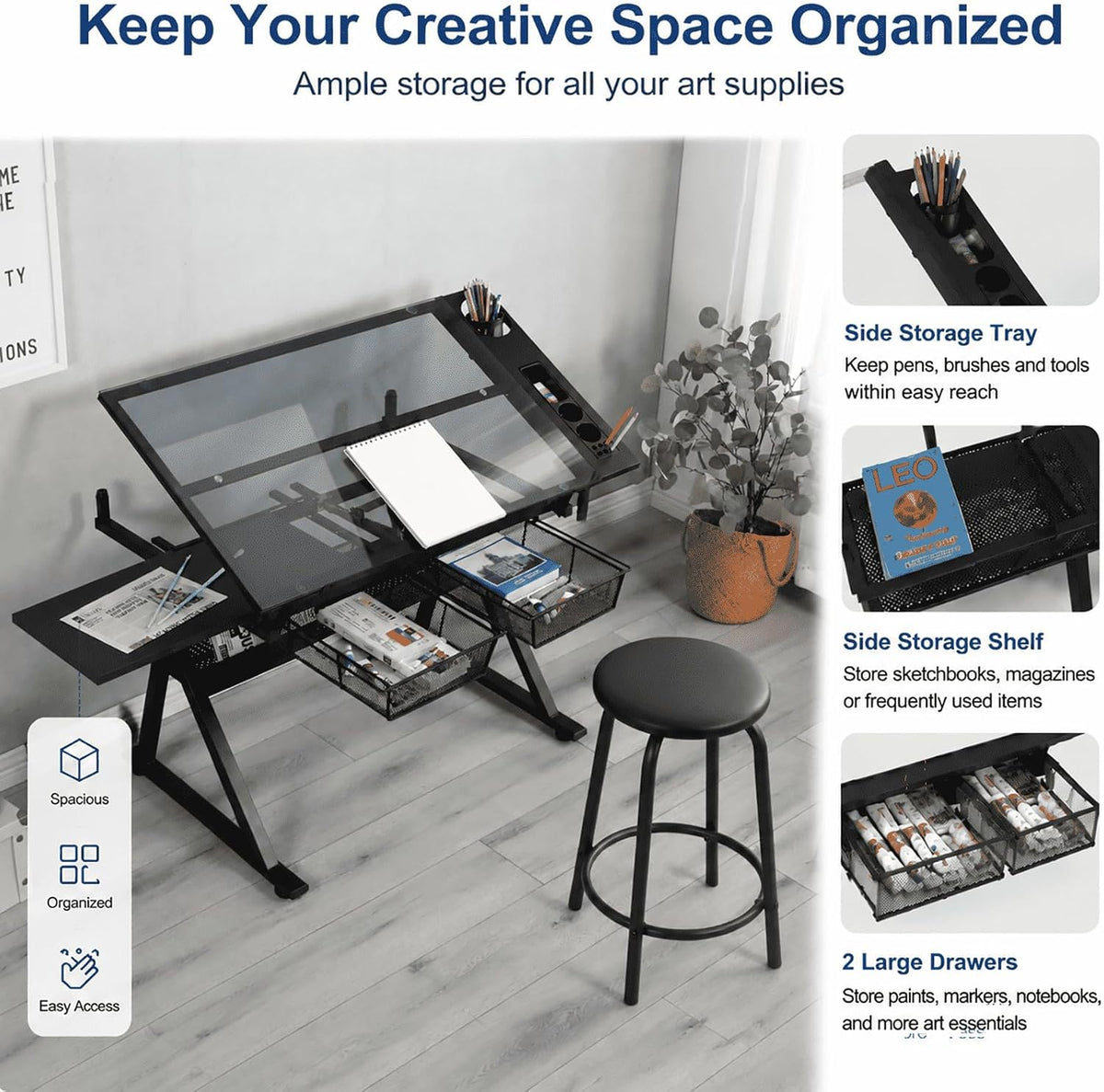 Adjustable Drafting Table with Chair, Tilting Tempered Glass Desk