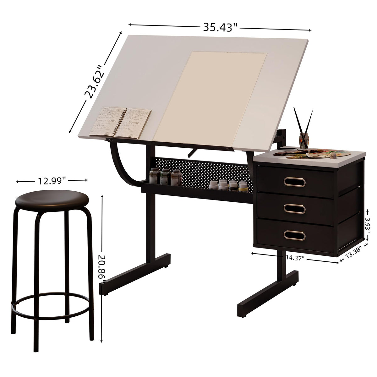 Adjustable Drafting Table with Stool, 0-75Â° Tilting Art Desk, White