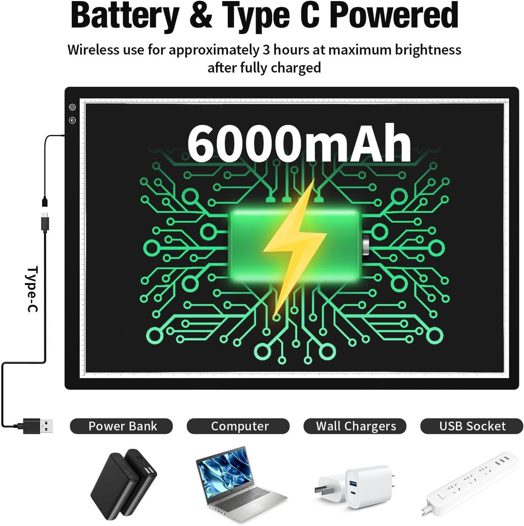 Zocelight A1(35.4''x 23.6'') Large Rechargeable Light Pad for Diamond Painting,6 Levels & Stepless Dimming Light Box for Tracing,3-Color Modes Light Board,Built-in 6000mAh Battery Light Table for Art