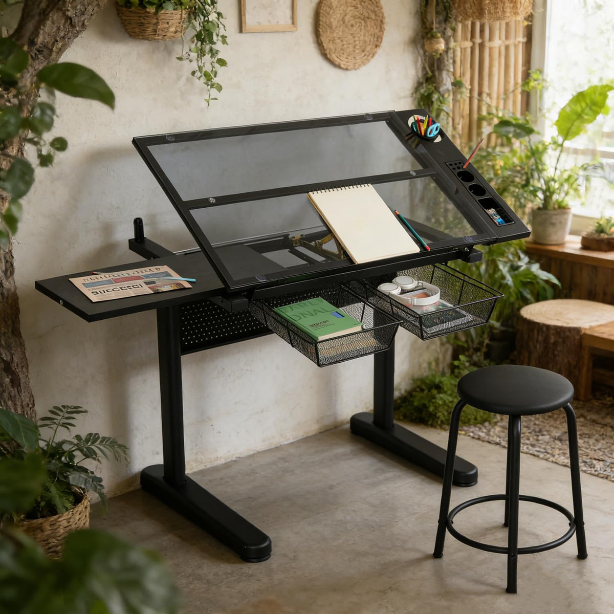 Drafting Table with Storage and Stool, Glass Art Desk for Adults Adjustable Height with 2 Metal Drawers, Craft Drawing Table Artist Desk with Extra Desktop for Reading/Writing/Studying (Black)