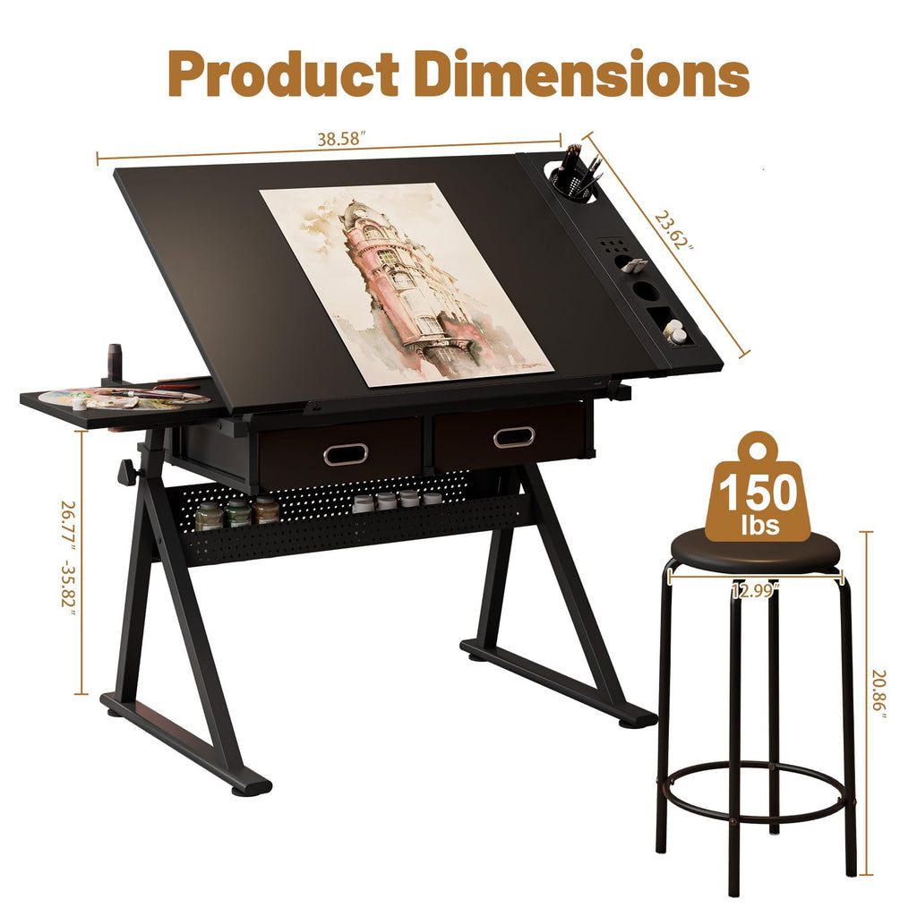 Drafting Table and Stool Set for Adults/Artists, Drawing Table with Adjustable Tabletop and Height, Art Workstation for Painters Crafting Reading Writing Home Office, All White