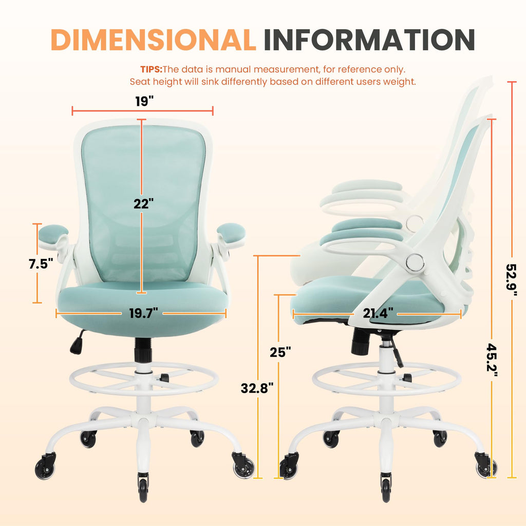 HYLONE Drafting Chair Adjustable, Tall Office Chair Lumbar Support Ergonomic Standing Desk Chair Heavy Duty Tall Drafting Stool for Artists with Footrest Home Office Drafting Stool