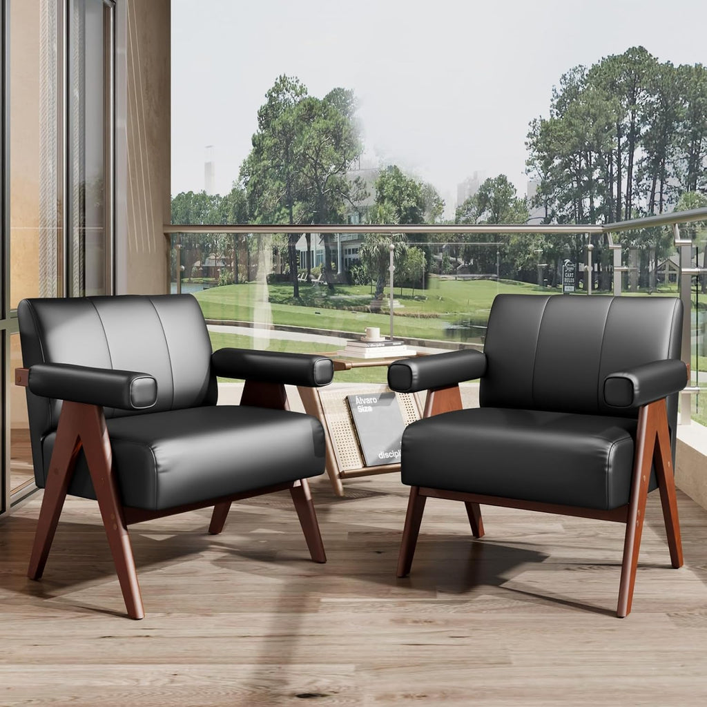 STHOUYN Faux Leather Accent Chairs Set of 2, Wooden Arm Chairs (Black)
