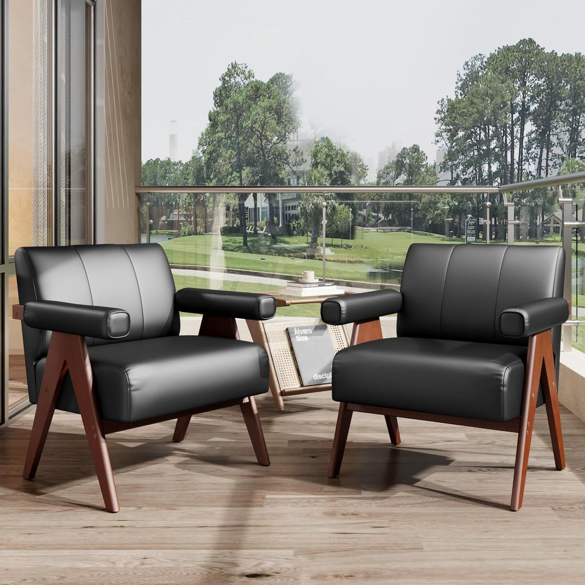 STHOUYN Faux Leather Accent Chairs Set of 2, Wooden Arm Chairs (Black)