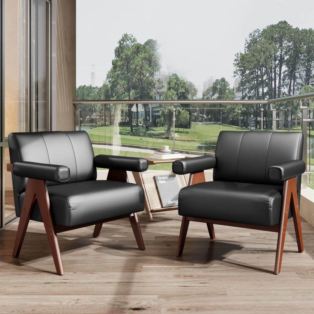 STHOUYN Faux Leather Accent Chairs Set of 2, Wooden Arm Chairs (Black)