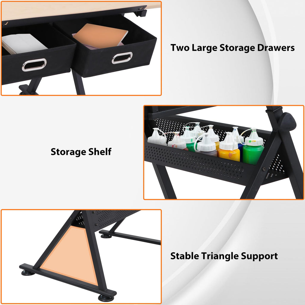 LEMY Drafting Table Art Desk, Height Adjustable Drawing Table Tilting Tabletop Work Station with Stool and Storage Drawer for Home, Office, Writing, Black