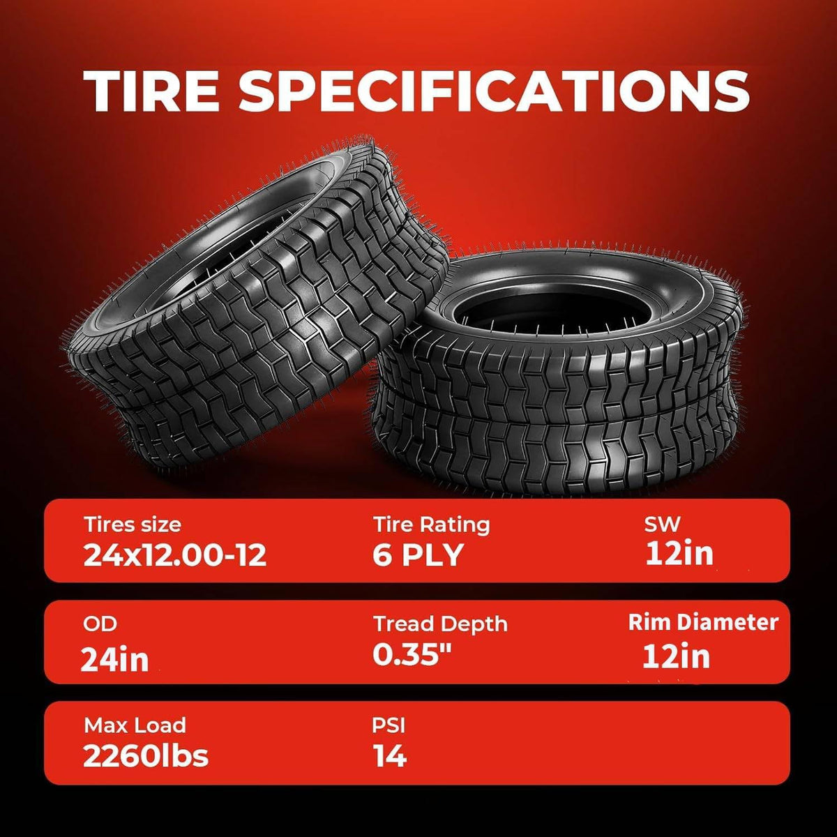 24x12.00-12 Lawn Mower Tires, 2 Pack,6 Ply,2260 LBS Load Capacity
