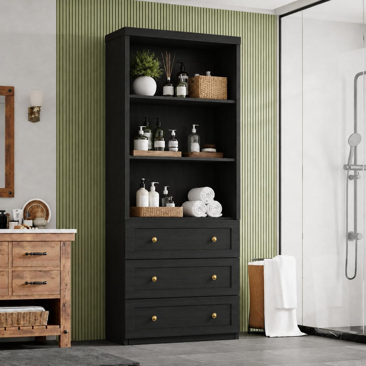 Cyclysio 80" Bookshelf with 3 Drawers and Baseboard Cutout, Set of 2