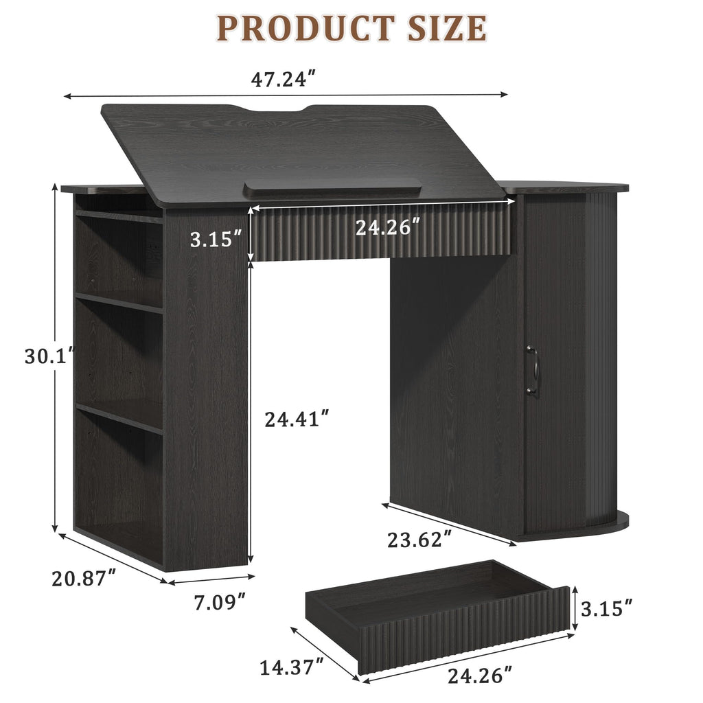 Drafting Table with Storage Cabinet & Drawers, Crafting Table with Open Shelves, Fluted Drawing Desk Computer Desk for Artists, Painters, Drawing, Crafting, Reading, Writing, Working