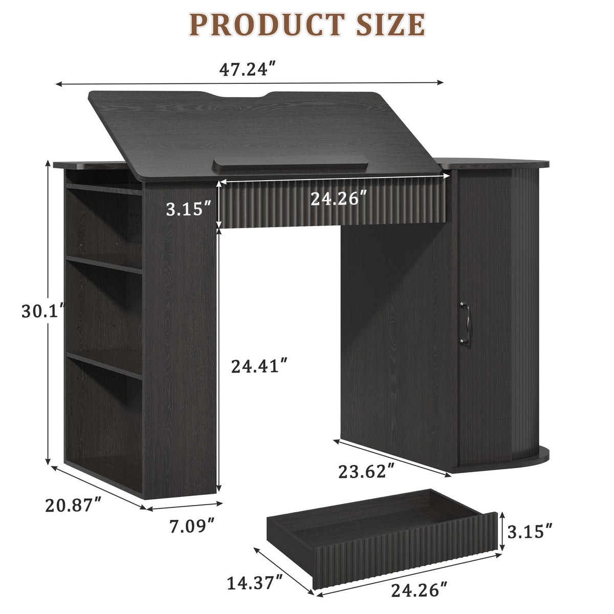 Drafting Table with Storage Cabinet & Drawers, Crafting Table with Open Shelves, Fluted Drawing Desk Computer Desk for Artists, Painters, Drawing, Crafting, Reading, Writing, Working