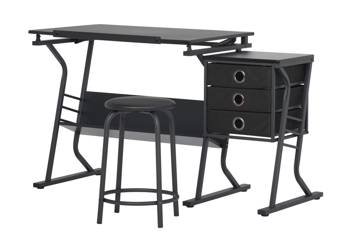 2 Piece Eclipse Ultra Center/Drawing Table with Stool, Angle Adjustable Top, Storage Shelves, and Drawers