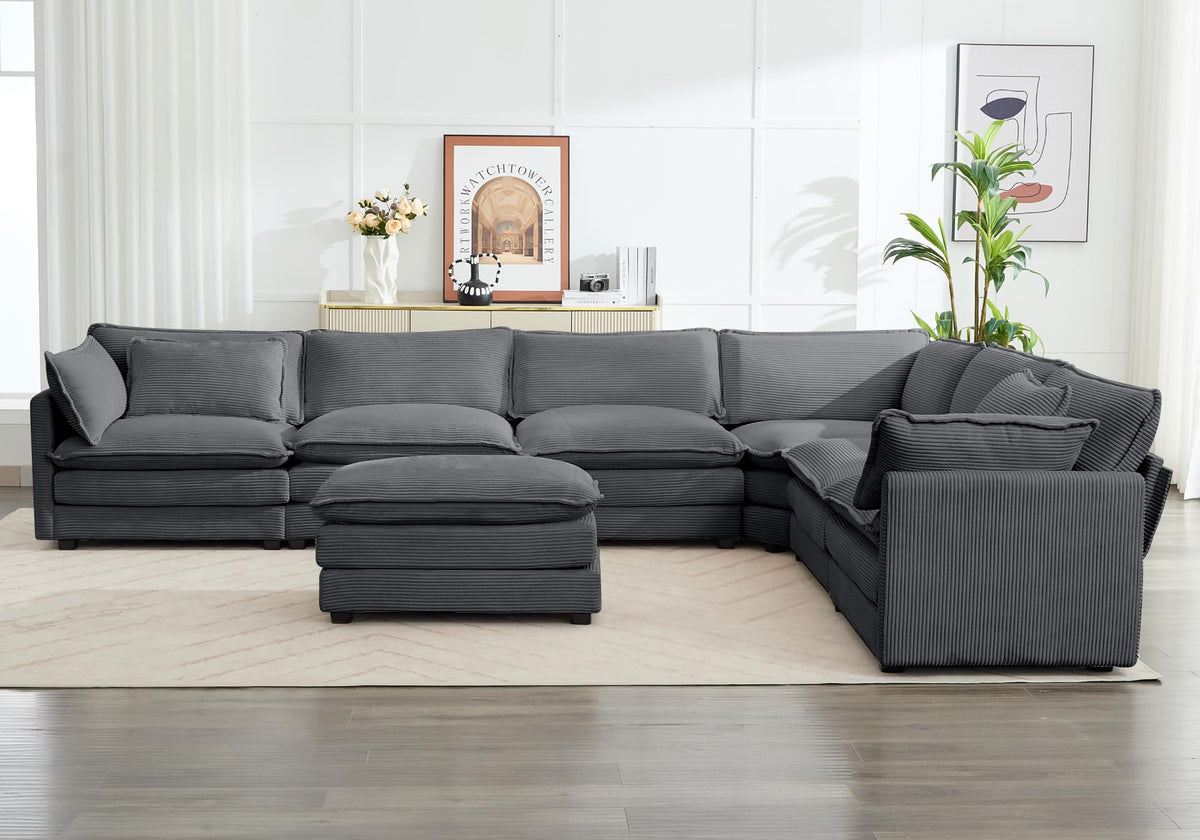 ROWHY 41'' Single Armchair with Ottoman, Modern Corduroy Cloud Couch with Convertible Chaise, Upholstered Sofa Set for Living Room, Green