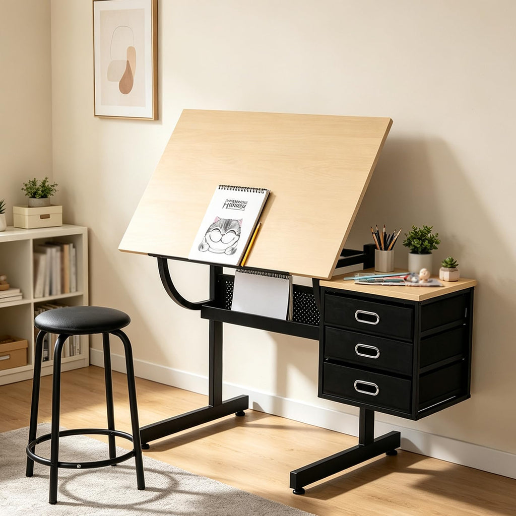 Artist Desks, Drafting Table with Stool & 3 Storage Drawersï¼Black