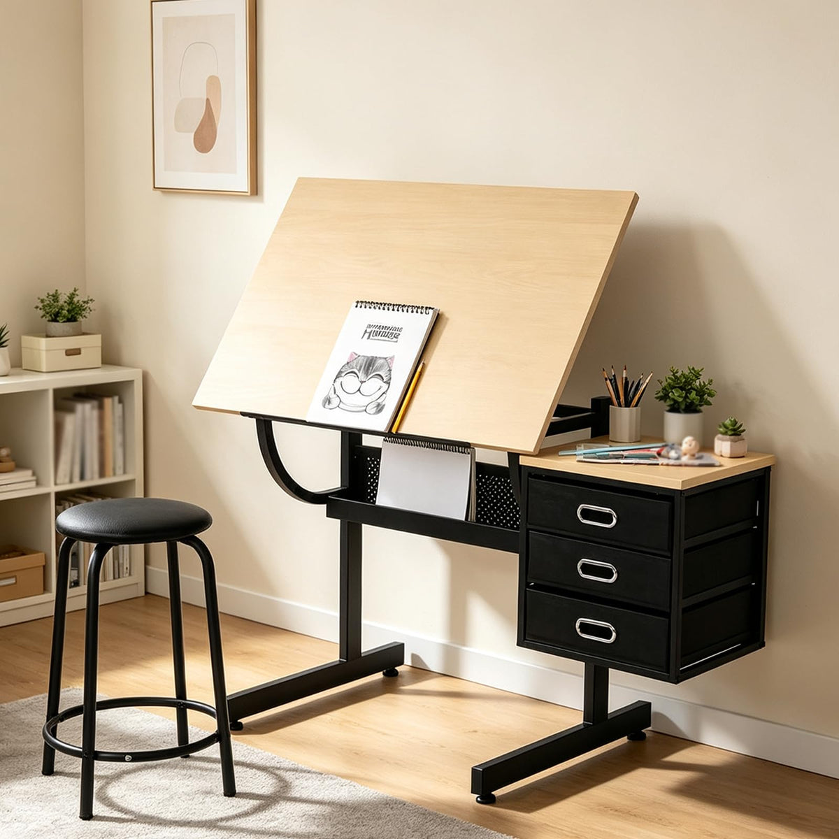Artist Desks, Drafting Table with Stool & 3 Storage Drawersï¼Black