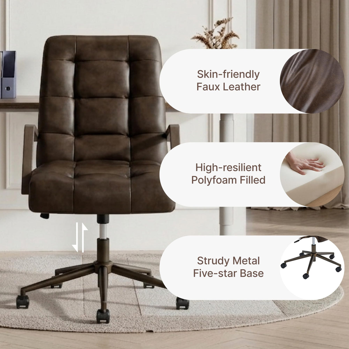 KISLOT Home Office Desk Chair, Ergonomic Office Chair with Lumbar Support, Adjustable Swivel Computer Chair with Wheels, Faux Leather Executive Task Chair with Wood Arms, Set of 2, Brown