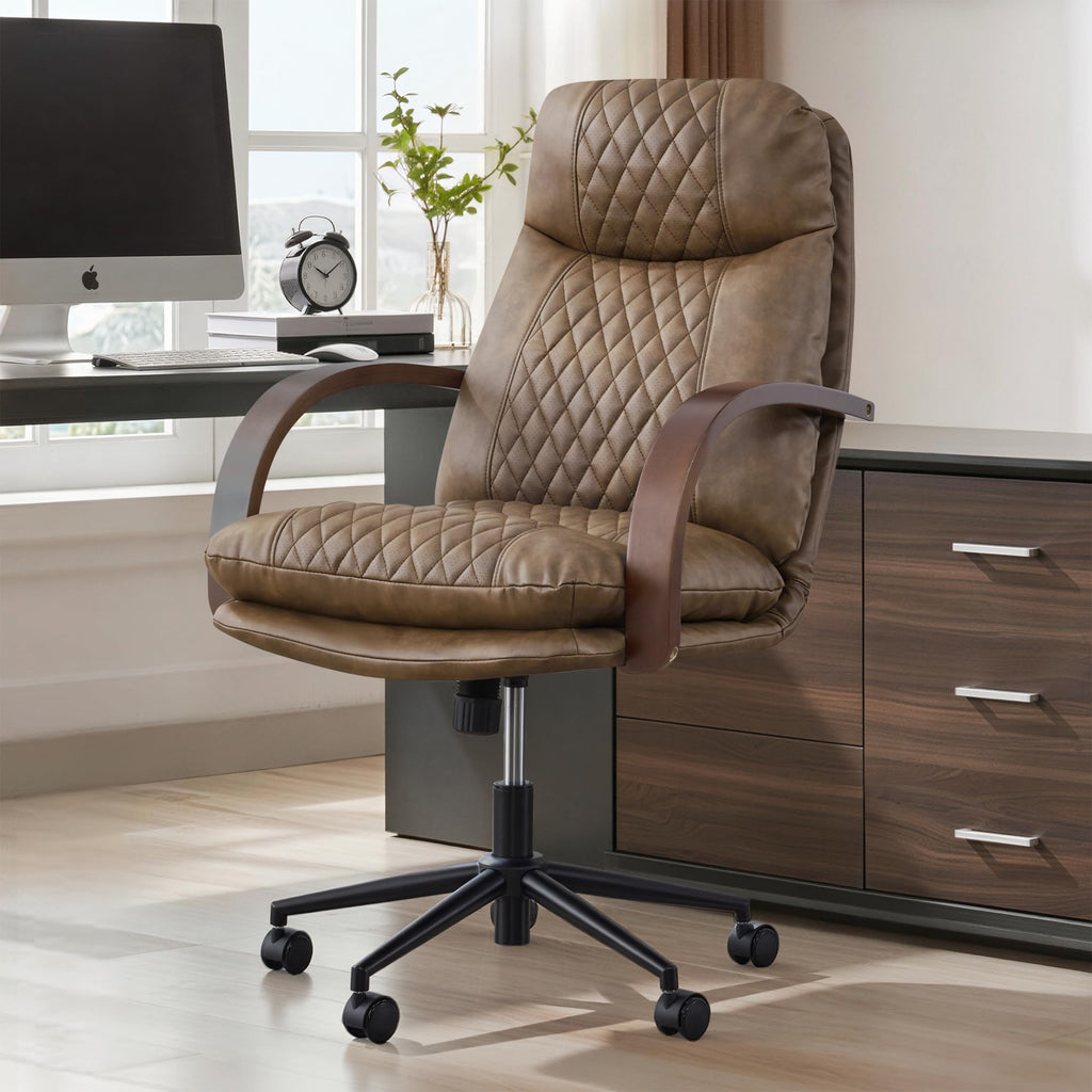 KISLOT Home Office Desk Chair, Ergonomic Office Chair with Lumbar Support, Adjustable Swivel Computer Chair with Wheels, Faux Leather Executive Task Chair with Wood Arms, Set of 2, Brown