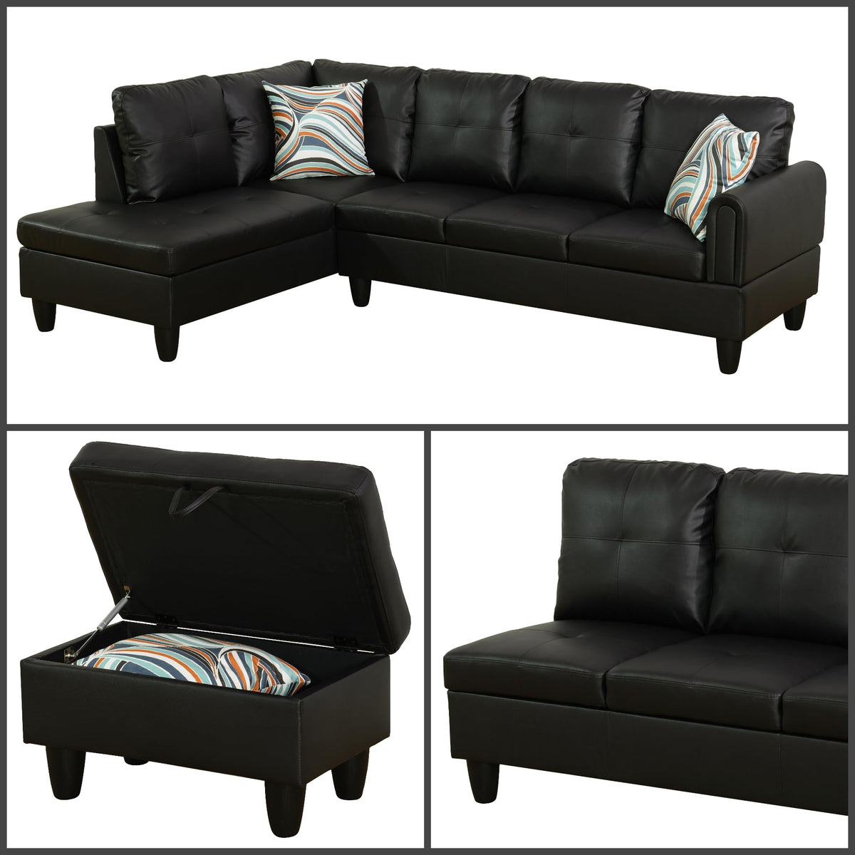 97.5" L-Shaped Modular Sectional Sofa with Movable Chaise & Storage Ottoman, 3 Piece Convertible Leather Couch, 4 Seat Gloss Black Living Room Furniture Set for Apartment Home Office