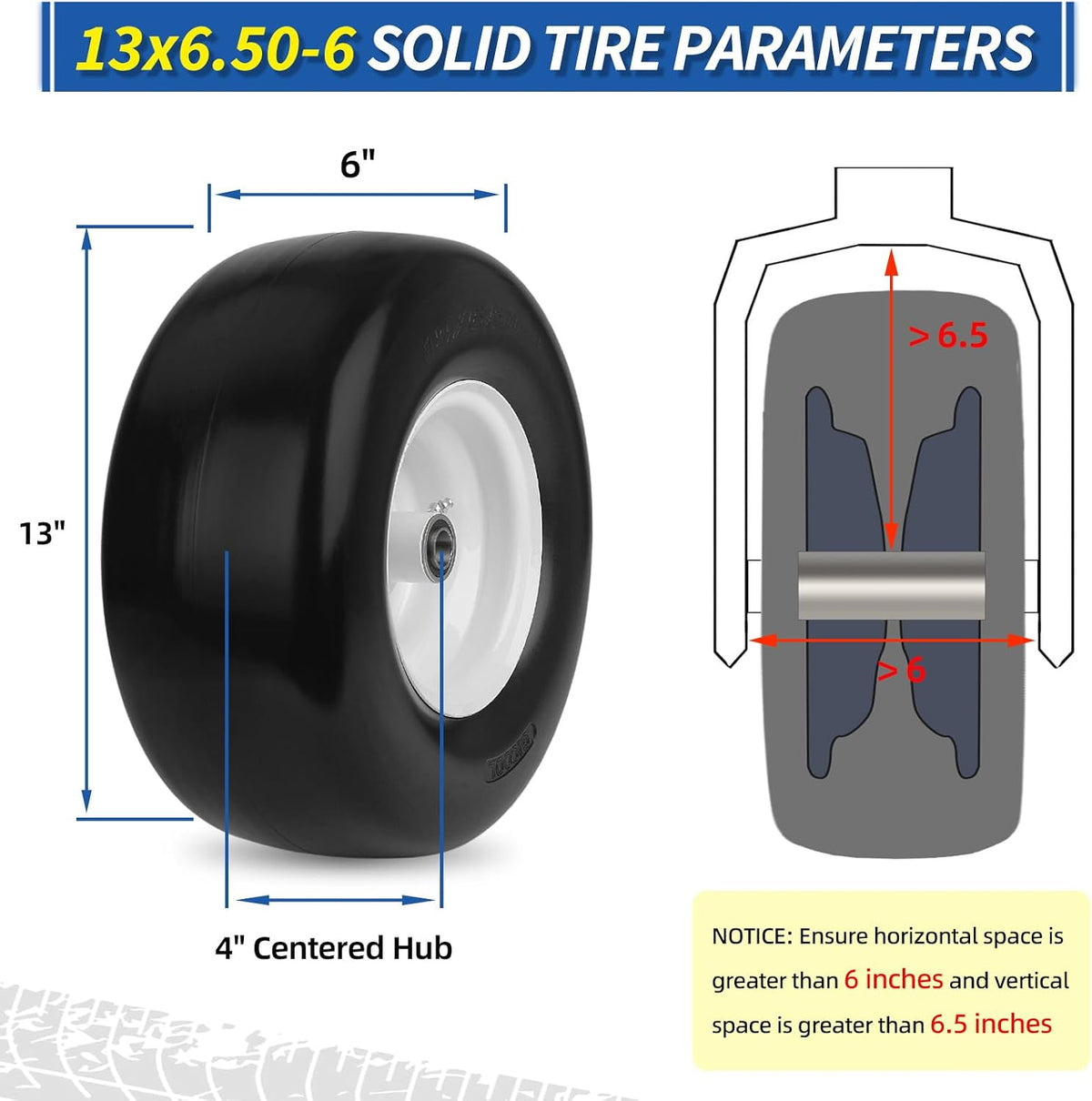 GICOOL 13x6.50-6" Flat-Free Front Tire and Wheel, for Zero-Turn Mower, 2PK