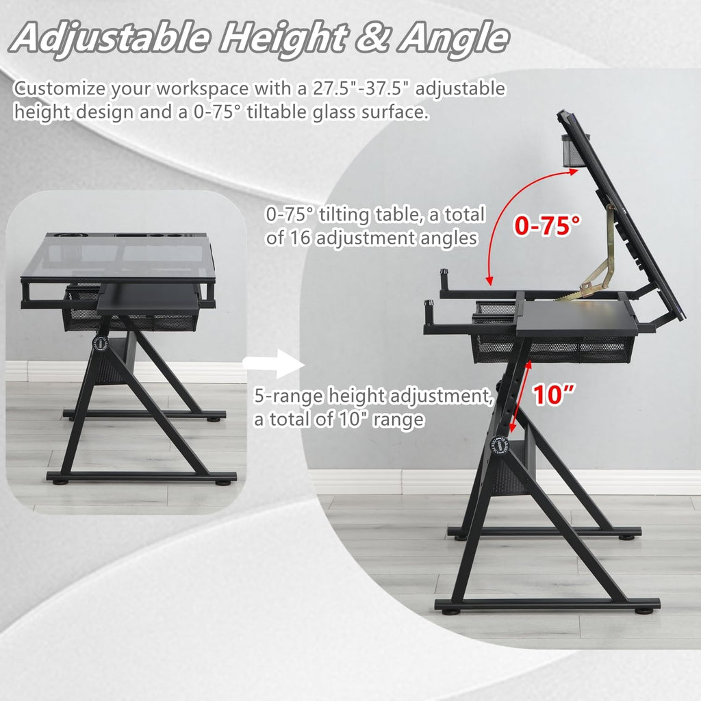 Drafting Table, Height Adjustable Art Tabe with Stool, Black