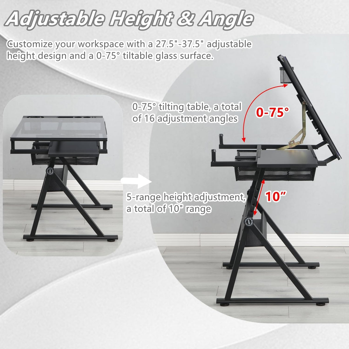 Drafting Table, Adjustable Height Drawing Table Art Table Painting Table Art Craft Desk with 0-75Â° Tilting Glass Tabletop and Storage Drawers, Black