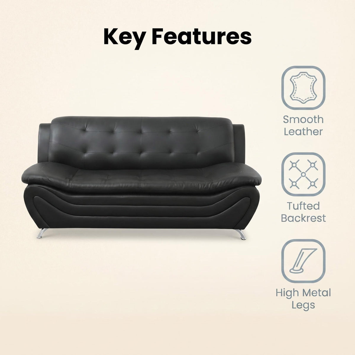 Modern Faux Leather Sofa Set â 3-Piece Living Room Couch with Chrome Legs & Padded Armrests â Includes 1-Seater, 2-Seater & 3-Seater â Contemporary Lounge Furniture for Home & Office (Brown)