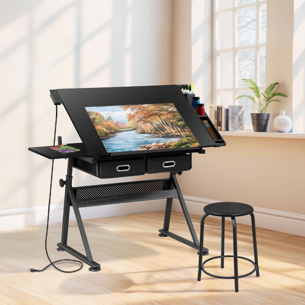 SUPER DEAL Drafting Table Set with Charging Station, Height Adjustable Tilting Drawing Desk Artist Desk with Stool Multifunctional Art Craft Workstation with 2 Storage Drawers for Home Office School