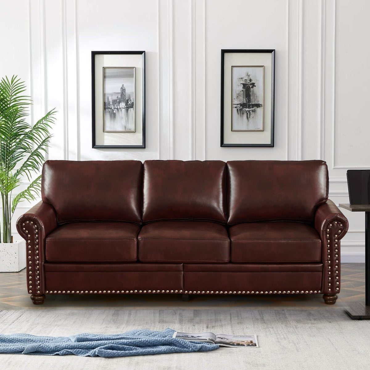 2 Piece Faux Leather Sofa Set,Modern Couch and Loveseat Sets with Storage,Mid Century Couch with Rivet Rolled Arm,Comfy Deep Seat Sofa,Furniture for Living Room,Office(Loveseat+3 Seater,Navy)